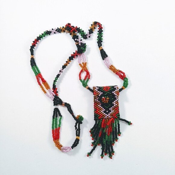 Handmade Seed Beads Fringe Pouch Necklace - Picture 2 of 13